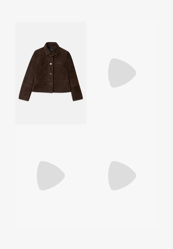 Brown suede cropped jacket with a fold-down collar, front button closure, and embroidered logo detail. Features long sleeves and two front pockets.; Navy and white checkered blouse featuring lace detailing, ruffled sleeves, a peplum hem, and elastic cuffs, made from lightweight fabric.; White straight-leg trousers in cotton blend, featuring a smooth texture, two front pleats, and a waistband with a single button closure.; Black leather ballet flat with a rounded toe, smooth texture, minimal stitching detail, and a flexible sole design.