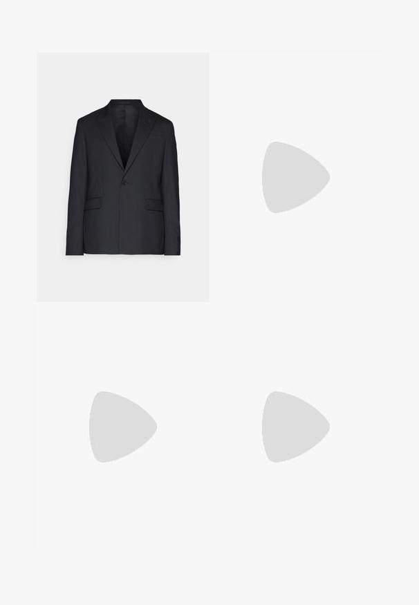 Zwarte blazer van soepel materiaal, met een enkele knoop, notch-revers en twee voorzakken. Getailleerde fit met een gestructureerde silhouet.; Korte mouwen polo shirt van lichtbruin geribbeld tricot; beschikt over een notch-kraag en een rechte zoom, met gestructureerde lijnen door het hele shirt.; Zwarte broeken van gladde stof, met een recht model, twee voorknikken en een standaard tailleband met riemlussen.; Sportschoenen met een witte leren bovenkant, grijze suède neus en drie zwarte strepen. Bevat een blauw logo op de tong en een gestructureerde rubberen zool.