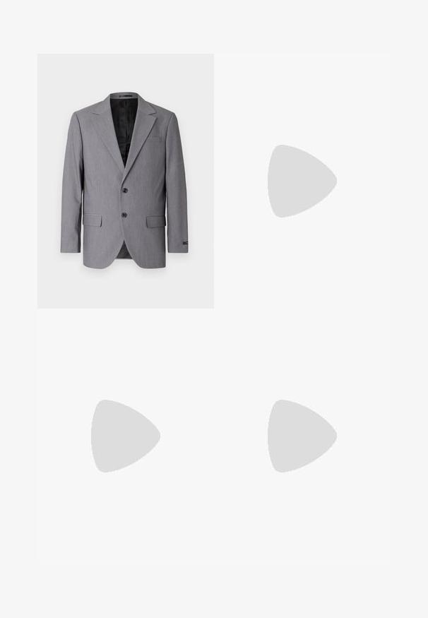 Blazer cinza com uma textura suave, design de botão único, lapelas em bico, dois botões e dois bolsos laterais; interior forrado visível.; Camiseta branca de mangas curtas em algodão com decote arredondado, apresentando uma textura suave e um design simples, sem padrões ou detalhes.; Calças pretas com corte reto, feitas de um tecido em mistura de algodão. Apresenta um fecho com botão metálico e bolsos laterais. Sem padrões visíveis.; Sapatilha escorregadia preta com parte superior em couro texturizado, sola de borracha branca e sem atacadores visíveis. Apresenta o logótipo da marca na lateral.