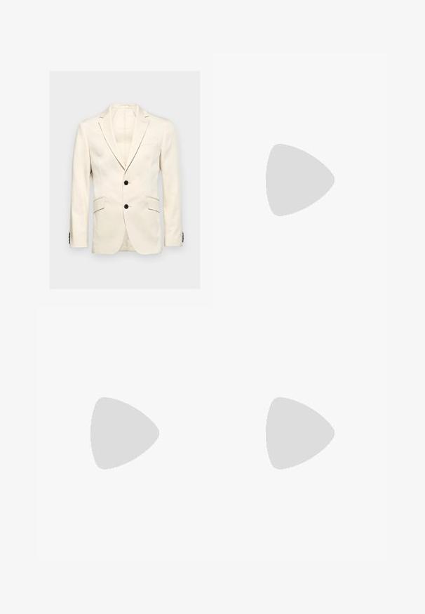Hackett London STRETCH COTT - Blézerkabát - ecru white; Fehér, hosszú ujjú, gombos ing, pamutból készült, klasszikus gallérral, elöl gombokkal és minimalista varrási részletekkel.; Kaki slim fit nadrág, sima anyagból készült. Elöl hajtásokkal, övhurkokkal és cipzáras záródással rendelkezik.; Fekete bőrcipő, dupla csattal, letisztult sziluettel és kerek orral. Alacsony sarka és sima felülete van.