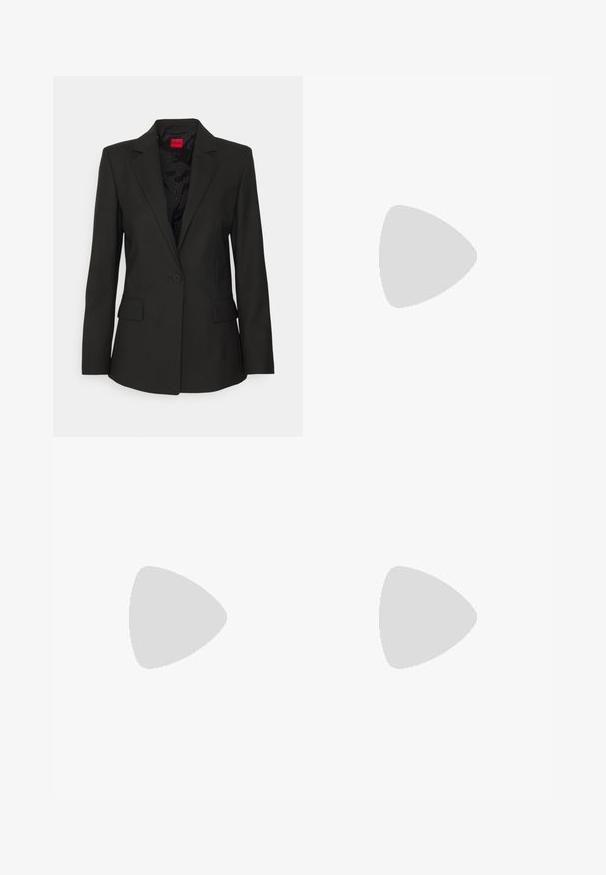 HUGO ATANA - Blazer - black; White cotton t-shirt with short sleeves, round neckline, and a relaxed fit. Smooth texture, no patterns or accents, minimalistic design.; Black tailored trousers with a straight-leg design, featuring a smooth texture and crisp creases along the front. No visible hardware.; Beige block-heeled sandals with thin straps and a square toe. Smooth material with minimal detailing, designed for easy wear.