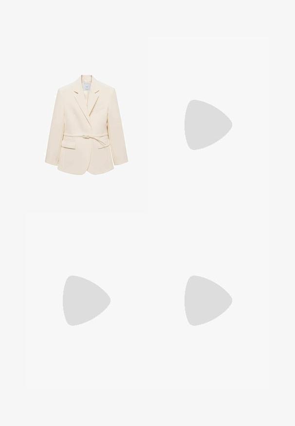 Krem blazer z izpopolnjeno zasnovo, z pasom, dvema sprednjima žepoma in enim žepom na prsih. Gladek, strukturiran material z reverji.; Bela, brezrokavna, rebrasta pletenina obleka s prilegajočo silhueto, ki doseže pod koleni. Enostaven in minimalističen dizajn, brez vzorcev ali dodatkov.; Bershka Sandali z visoko peto - black; Rjava usnjena torba z nabranim vrhom in verižnim trakom. Gladka tekstura z sijajno površino in subtilnimi šivi na straneh.