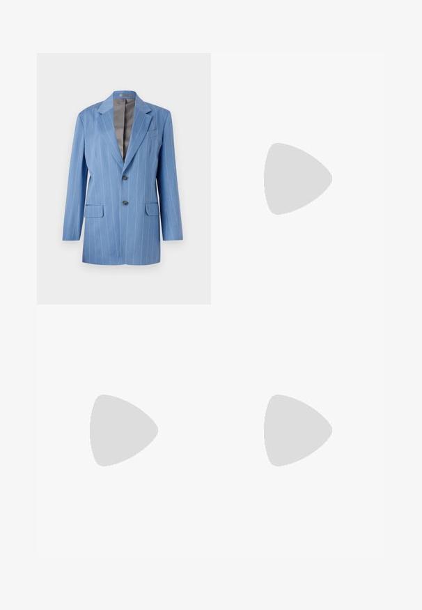 Light blue pinstripe blazer with two front pockets, two buttons, and a notched collar. Features a smooth, gray interior lining.; Light blue short-sleeved knit top featuring vertical ribbed texture and a crew neckline. The fabric shows subtle detailing with a fitted hem.; Filippa K DARCEY  - Trousers - coral blue; Black leather ballet flat with a rounded toe, smooth texture, minimal stitching detail, and a flexible sole design.