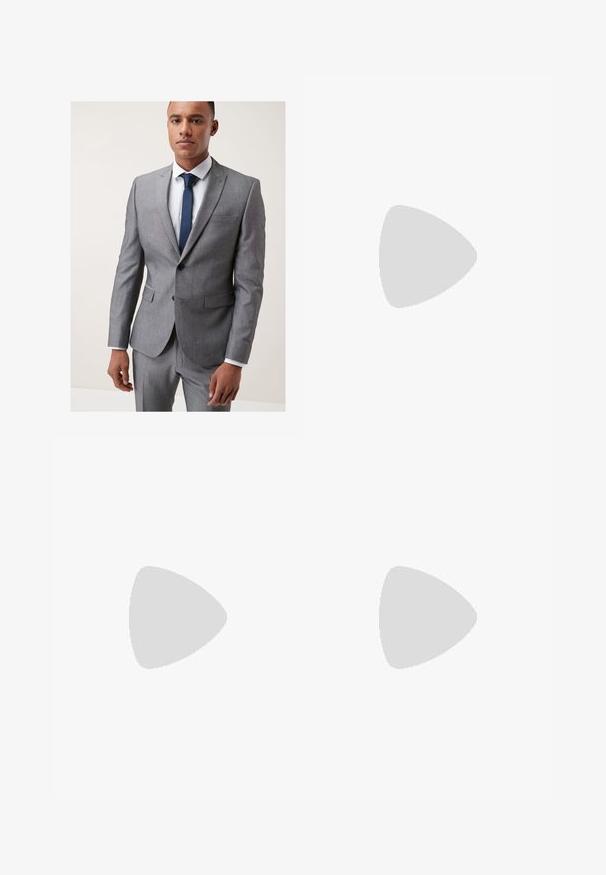 Gray two-piece suit with a tailored fit, featuring a notched lapel, two front pockets, a white dress shirt, and a navy tie. Smooth texture.; TOM TAILOR DENIM MIT STRUKTUR - Long sleeved top - wool white; Beige trousers with a smooth texture, featuring a straight leg, two front pleats, side pockets, and belt loops. Wrinkle-resistant fabric.; Black leather loafer with a wide strap across the vamp, rubber sole with thick treads, and smooth texture. Classic, sleek design.