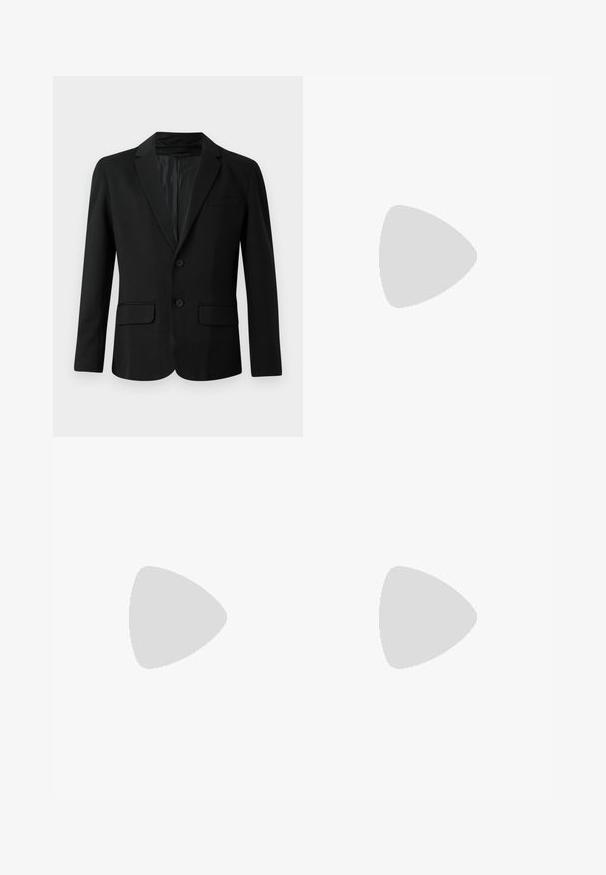 Sort blazer lavet af glat stof, med en enkeltknap closure, to for-lommer, en spids krave og to knapper.; Hvid kortærmet T-shirt, løstsiddende, rund halsudskæring, glat bomuldsstof, enkel ryg, lige kant, ingen mønstre eller detaljer.; Grå skræddersyede bukser med flad front, to sidelommer og en enkelt knaplukning. Glat tekstur med et subtilt stribemønstret design.; Sorte læder loafers med en glat finish, rund tå og dekorativ syning på vampen. Lav stablet hæl og let glans.