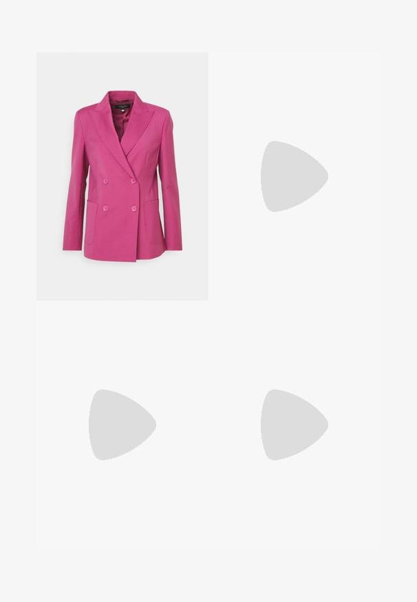 WEEKEND MaxMara NERVOSO - Bleiser - fuxia; Valge lühikeste varrukatega T-särk ribatud kangast. Ümara kaelusega, tavalisest sobivusest ja peente õmbluse detailidega. Ilma mustrite või graafikateta.; Kootud valge midi seelik, millel on tekstuurine muster vertikaalsete joonte ja lõike-detailidega hemmi lähedal. Elastne vöökoht. Pehme materjal.; Musthave mustika tantsutossud mustast nahast, ümmarguse varbaga, siledast tekstuurist, minimaalse õmblusdetailiga ja paindliku tallakujundusega.