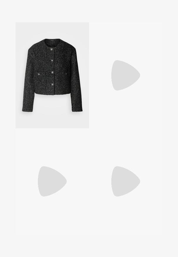 Black cropped jacket made of textured fabric with a herringbone pattern, featuring a round neckline and silver snap buttons.; White cotton tank top with a wide neckline and thin shoulder straps. Smooth texture with no visible patterns or embellishments.; Wide-leg trousers in navy blue, made from lightweight fabric. Features a slightly textured surface, elastic waistband, and front seams.; White leather sneaker with a smooth finish, beige suede accents, round toe, flat lace-up design, and a textured rubber sole.