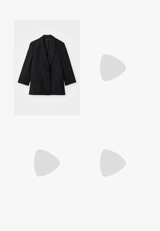 Black blazer with a single button closure, notch lapels, and two front pockets. Features a tailored shape and fabric texture.; White cotton t-shirt with short sleeves, round neckline, relaxed fit, and stitched hem. Label visible on the inside neck.; Black trousers made from smooth fabric featuring a high waist, wide legs, front pleats, and classic belt loops. No side pockets visible.; Black patent leather sandal with a wide heel, open toe, and ankle strap featuring a gold buckle. Smooth texture and sleek design.