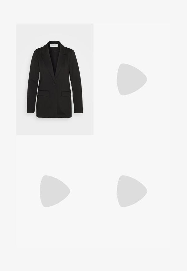 Black blazer made of soft fabric, featuring a single button closure, notched lapels, and two front pockets with no embellishments.; Black turtleneck sweater made from a soft knit fabric, featuring long sleeves and a fitted silhouette with a ribbed collar and hem.; Wide-leg black trousers made of a smooth fabric. Features a flat waistband with belt loops and no visible pockets. Simple design.; Black patent leather loafers with a flat heel, featuring a tassel accent and smooth surface, designed with a rounded toe and subtle stitching.