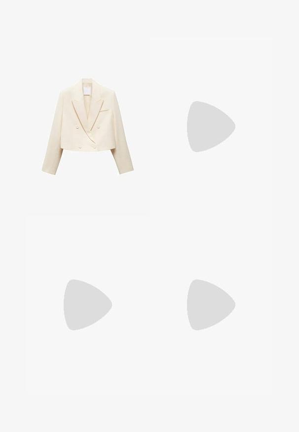 Mango Blazer - off-white; Stradivarius Long sleeved top - black; Black wide-leg jeans made of denim with a high waist, featuring front pockets, back pockets, and minimalistic design elements.; Sport shoes with a white leather upper, gray suede toe, and three black stripes. Features a blue logo on the tongue and a textured rubber sole.; Pearl necklace with a silver-tone clasp. Features round white pearls and a decorative, rhinestone-studded centerpiece.