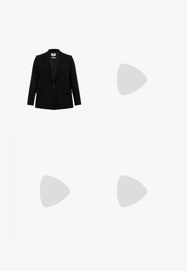 Černý blazer s klopovým límcem, jednořadovým zapínáním na knoflík, dvěma předními kapsami a dlouhými rukávy. Vyrobeno z hladké tkaniny s dobře padnoucím střihem.; Černá dlouhá halenka s širokým výstřihem, vyrobená z měkké látky, s těsným střihem a minimálními švy.; Modré denimové zvonové džíny s vysokým pasem, zlatými doplňky na pasu a zesvětleným umytím pro jedinečný texturovaný vzhled.; Černé lodičky na jehlovém podpatku s špičatou špičkou, vrškem z krajkové síťoviny, ozdobami z květinových korálků a úzkým, šikmým podpatkem.; Zlatý obdélníkový náramkový hodin s bílým ciferníkem, stříbrnými indexy a odolným kovovým náramkem. Obsahuje voděodolnou funkci.