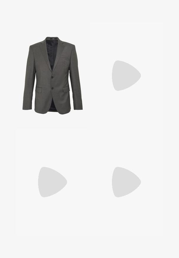 JOOP! HERBY - Colbert - grey; Zwarte korte mouwen T-shirt van een gladde katoenmix, met een ronde halslijn en een minimalistisch ontwerp zonder patronen of accenten.; Zwarte dresspants met een recht pasvorm, gemaakt van een gladde stof. Heeft een sluiting met een knoop aan de voorkant en ceintuurlussen. Effen zonder patronen.; Zwarte leren sneaker met lage schacht, zwarte veters en off-white zool, weergegeven in zijprofiel op een witte achtergrond.