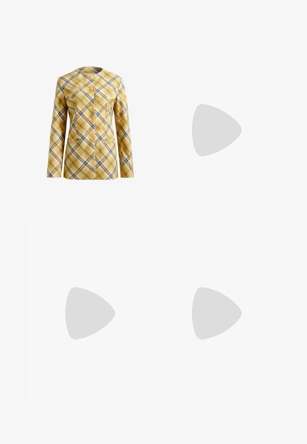 Plaid blazer in yellow, white, and black, featuring a collarless design, front button closure, and two front pockets. Textured fabric.; Beige short-sleeve top with a high neck and relaxed fit. Smooth texture with subtle draping at shoulders. Simple, minimalist design.; Brown tailored pants with a straight-leg cut. Made of smooth fabric, featuring belt loops, a zip fly, and front pockets.; Beige strappy heeled sandal with a square toe, twisted front design, ankle strap, and block heel. Smooth texture, minimalistic style.