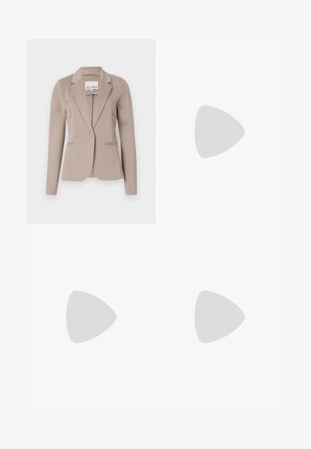 Beige tailored blazer with a single button, notched lapels, and two front pockets. Made from smooth fabric with a medium weight.; Light beige short-sleeve t-shirt, made of soft cotton. Features a round neckline and loose fit with rolled cuffs. Minimalist design.; Wide-leg trousers in dark navy fabric. Features a flat front, belt loops, and side pockets. The material is smooth with a slight stretch.; Black leather pump with a pointed toe and a low block heel. Features an ankle strap with a gold-tone buckle. Smooth texture.