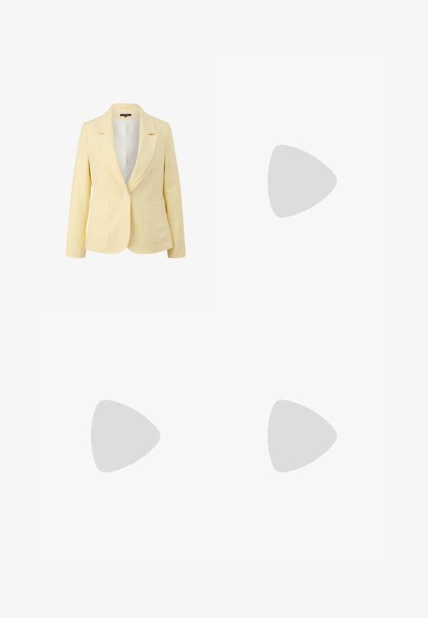 Yellow blazer with a notched collar, two front pockets, single button closure, and a smooth fabric texture. Lined interior visible.; Black ribbed tank top with a scoop neckline, sleeveless design, and fitted shape. Features a tag with size label inside.; Light blue denim shorts with a straight-leg design, frayed hem, five pockets, and button closure at the waist.; Brown knee-high boots made of smooth faux leather, featuring a rounded toe, block heel with vertical grooves, and a minimalist design.; Brown leather handbag with a rectangular shape, a detachable strap, and silver hardware accent. Features two tags attached to the handle.