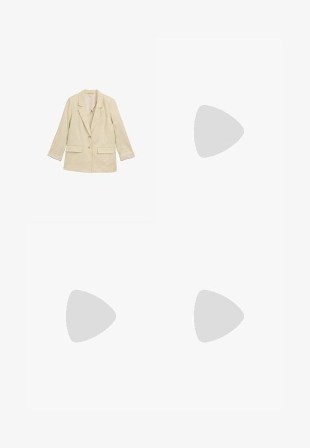 Blazer beige chiaro con colletto a punta, due tasche frontali e due bottoni. Presenta maniche arrotolate e un sottile motivo a righe.; Top in cotone bianco a coste con pizzo sul collo e sulle maniche. Presenta una texture morbida e una forma aderente. Etichetta del marchio visibile all'interno.; Pantaloni a gamba larga in tessuto bianco sporco, caratterizzati da un alto punto vita, doppie pince e chiusura con bottone. Texture liscia e design sartoriale.; Sneaker bianchi in rete con accenti argento e suola testurizzata, posizionati su una superficie rossa, abbinati a pantaloni a scacchi.