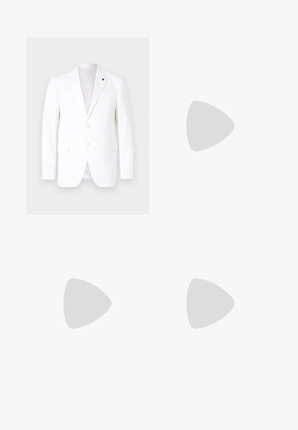 KARL LAGERFELD JACKET CLEVER - Bleiserjakk - white; Tumesinine puuvillane T-särk ümmarguse kaelusega, lühikeste varrukatega ja väikese valge logoprindiga vasakul rinnapiiril. Sile tekstuur.; Valged volditud püksid, mis on kohandatud sobivusega, sujuva tekstuuriga, vööloopidega ja kitsenevate jalgadega. Pole nähtavaid taskuid ega mustreid.; Valged sportlikud jalatsid, millel on võrkkangas ja nahkdetailid. Omab kuldset "BOSS" logo, tekstureeritud külgpaneele ja musta kontsakaant. Kummist tallad.