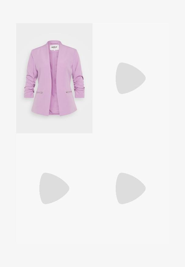 ONLY Petite ONLBERRY 3/4 ZIP - Blazer - violet tulle; Even&Odd Petite 2 PACK - T-shirt basic - white/black; Pantaloni a gamba larga in morbido tessuto crema, con vita alta, chiusura a un bottone e dettagli di cucitura minimi.; Scarpa da corsa New Balance rosa chiaro e bianca con tomaia in rete e suola ammortizzata, vista laterale su sfondo bianco semplice.