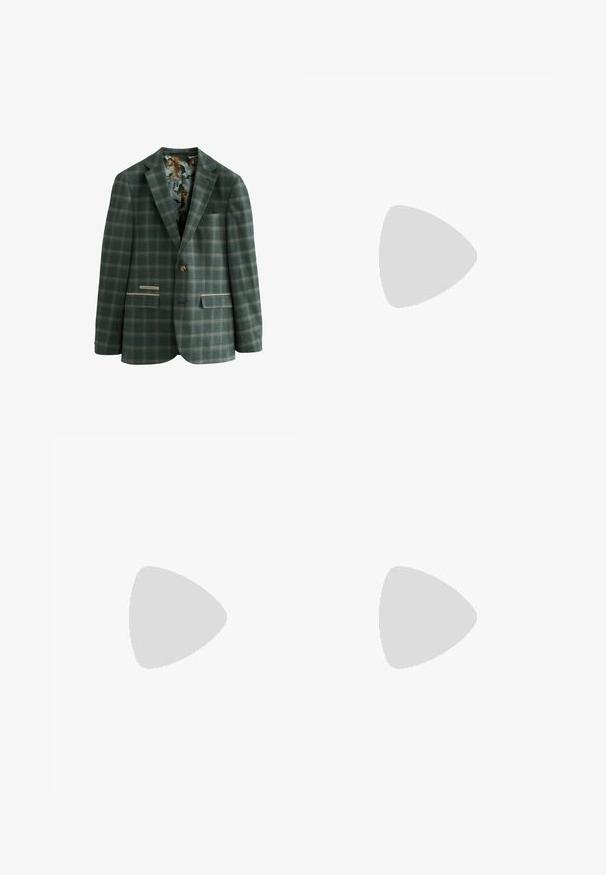 Blazer a quadri in verde scuro e blu navy con bottone dorato, due taschini frontali e interno decorato con tigri e nuvole.; T-shirt bianco in cotone con scollatura rotonda di colore blu marina e dettagli delle maniche. Presenta un piccolo bottone giallo e la scritta ricamata "NORTHEAST RL ATHL."; Jeans in denim blu chiaro con taglio dritto, design a cinque tasche e etichetta del marchio visibile in vita.; Sneaker slip-on verde oliva con upper in tessuto testurizzato, accent in marrone sul tallone e suola in gomma bianca. Presenta un dettaglio con logo tricolore.