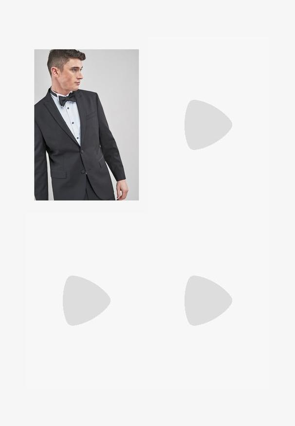 Black tuxedo jacket with satin lapels, single button closure, and side pocket, paired with a white button-up shirt and black bow tie.; Light blue striped long-sleeve shirt with a white collar and cuffs, featuring a button-up front and a curved hemline. Smooth fabric texture.; Olive green linen trousers with a front pleat, featuring a button closure and a contrasting checkered lining at the waistband.; Black synthetic loafers with a prominent stitched front, cushioned insole, and flat rubber outsole; sleek design with minimal detailing.