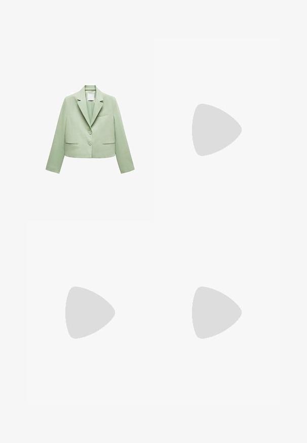 Lyhyt bleiseri vaaleanvihreästä kankaasta, jossa on läppäkaulus, kaksi nappia, sivutaskut ja yksi rintatasku. Silkkinen rakenne.; Stradivarius Toppi - white; Valkoinen kerroksellinen hame, joka on valmistettu kevyestä kankaasta. Hameessa on joustava smokkivartalo ja herkkä pitsikoristelu jokaisessa kerroksessa.; Valkoinen urheilushoe, jossa on verkkomateriaali päällä, laivastonsiniset yksityiskohdat ja pehmeä pohja. Varustettu "N"-logolla, nauhoilla ja teksturoidulla yksityiskohdalla sivussa.