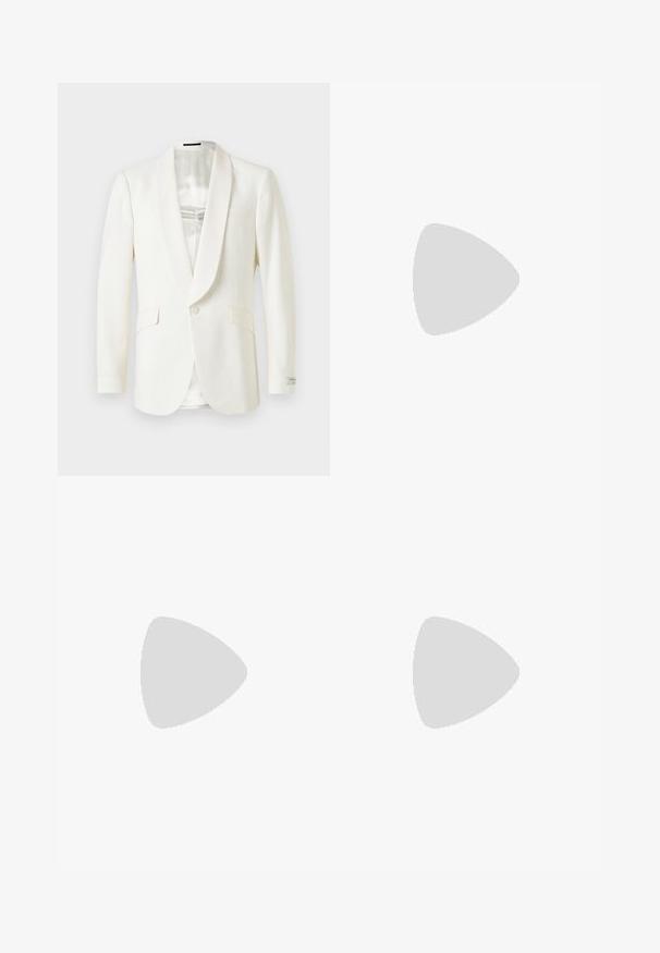 White formal blazer with a satin shawl collar, single button closure, and two front pockets. Smooth fabric with a tailored silhouette.; Black short-sleeve oversized T-shirt with round neckline and visible Filippa K brand label inside the collar.; Tiger of Sweden TREYTON - Trousers - dark ink; White low-top sneaker with lace-up design, textured sole, and subtle branding on the side, shown in profile on a plain background.