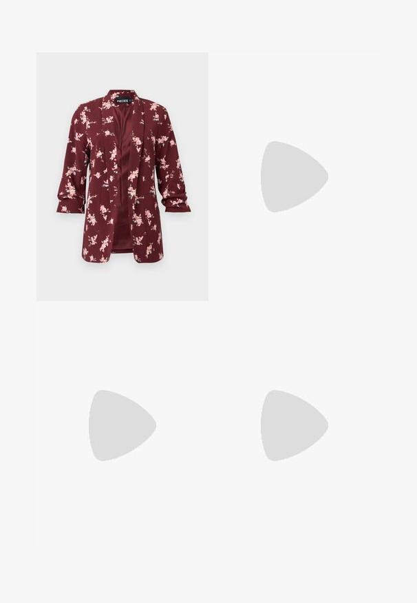 Blazer floreale bordeaux con fiori rosa. Realizzato in tessuto leggero con una vestibilità sartoriale, revers a notched e maniche a tre quarti.; Canottiera bianca a coste con scollatura rotonda, senza maniche e lunghezza cropped. Etichetta con la scritta "JJXX". Tessuto di texture liscia.; Pantaloni neri a gamba larga con cintura elastica, realizzati in tessuto liscio. Presentano un design pulito senza tasche o dettagli di cucitura visibili.; Sneaker in suede nero e grigio con un grande logo "N" color crema, lacci viola e una suola esterna in gomma gommosa texturizzata.
