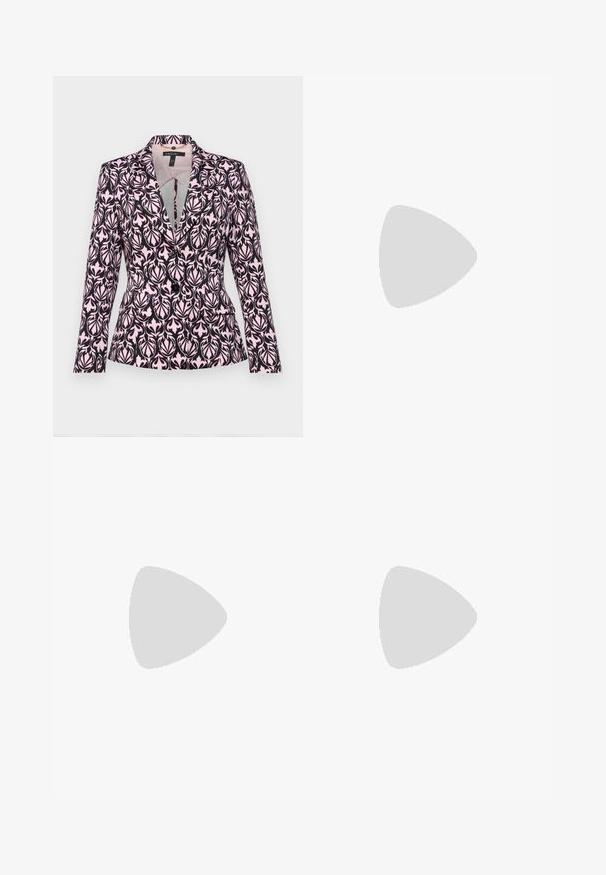 Blazer with a dark purple and pale pink leaf pattern, featuring a notch lapel, two front pockets, and a fitted silhouette.; White cropped T-shirt, short wide sleeves, soft cotton material, round neckline with subtle orange trim, minimal design, no patterns or graphics.; Black tailored trousers with a straight-leg design, featuring a smooth texture and crisp creases along the front. No visible hardware.; Beige block-heeled sandals with thin straps and a square toe. Smooth material with minimal detailing, designed for easy wear.