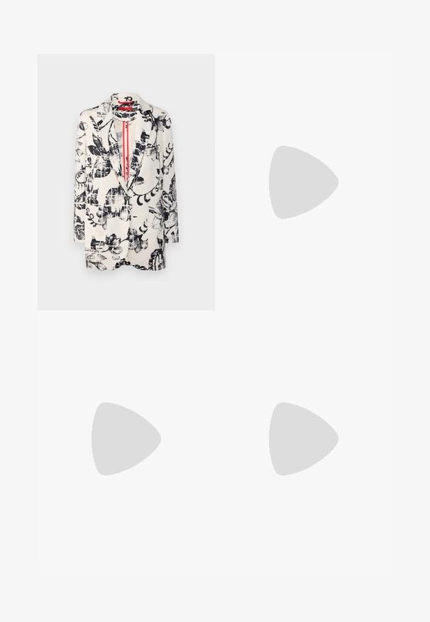 Blazer med blomsterdesign i cremefarvet med sorte grafiske mønstre. Har en notch lapel, lukning med en enkelt knap og lomme. Tekstileret stof.; Hvid kortærmet t-shirt lavet af ribbet stof. Rund halsudskæring, almindelig pasform og subtile syninger. Ingen mønstre eller grafik.; Strikket hvid midi-nederdel med et tekstureret mønster med vertikale linjer og udskæringer nær kanten. Elastisk talje. Blødt materiale.; Sort læderballetsko med rund tå, glat tekstur, minimal syning og et fleksibelt såldesign.