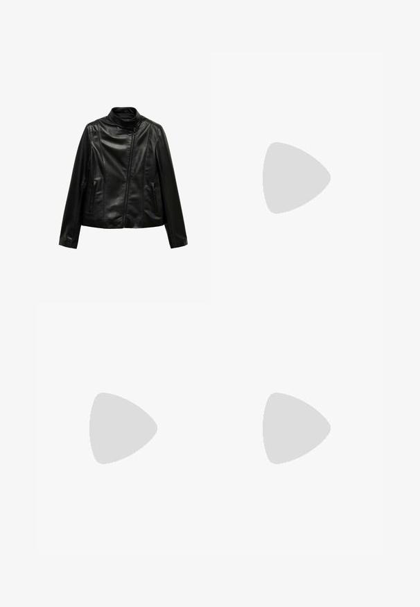 Black leather jacket with a high collar, front zip closure, two side pockets, and smooth texture. Simple, structured design with minimal seams.; Stradivarius ÄRMELLOSES  - Top - black; White wide-leg pants made of soft fabric, featuring a drawstring waist and two front pockets. Smooth texture and no visible patterns.; Stradivarius WITH BUCKLE - Classic heels - black