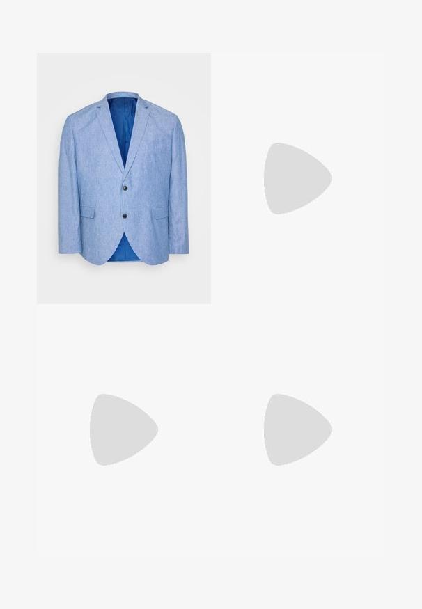 Hellblaues Blazer aus strukturiertem Stoff. Verfügt über einen Reverskragen, zwei schwarze Knöpfe und blaue Futter innen. Einzelne Brusttasche.; Weißes Baumwoll-T-Shirt mit Rundhalsausschnitt und kurzen Ärmeln, das einen lockeren Schnitt und eine glatte Textur aufweist, ohne sichtbare Muster oder Grafiken.; Hellebeige Hose aus Leinenmischgewebe, mit flachem Frontschnitt, Gürtelschlaufen und einem einzelnen Knopfverschluss. Maßgeschneiderte gerade Beinform.; Weiße Ledersneaker mit beigen Akzenten, flacher Gummisohle, runder Zehenpartie und kontrastierendem Logo an der Seite und Rückseite. Mit Schnürdesign.