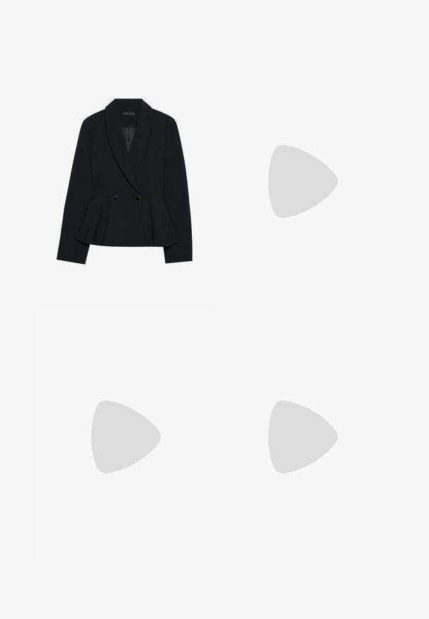 Melns peplum žakets ar izliektu apakšmalu, divu pogu aizdari ar zelta akcentiem un strukturētu formu. Gluda auduma tekstūra.; Melns augsta kakla džemperis, izgatavots no mīksta adīta auduma, ar garām piedurknēm un pieguļošu siluetu, kuram ir ribota apkakle un apakšmalā.; Platām kājām melni bikses, izgatavotas no gludas auduma. Ar plakanu jostasvietu un jostu cilpiņām, bez redzamām kabatām. Vienkāršs dizains.; Melnas patentētas ādas loafers ar platu papēdi, papildināti ar pušķi un gludu virsmu, izstrādāti ar noapaļotu purngalu un smalku dūrienu.