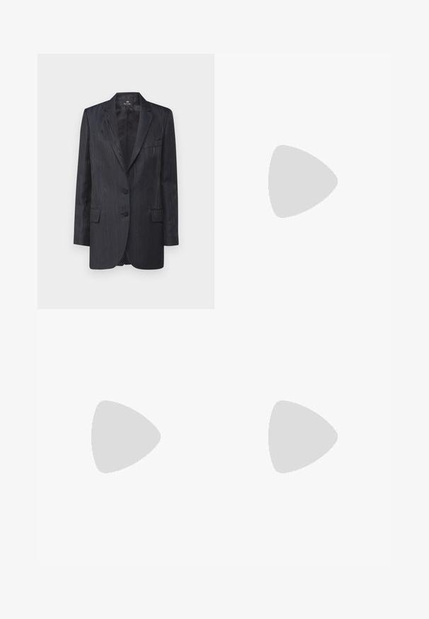 Dark blue blazer with a textured wood grain pattern, two buttons, notch lapels, and front pockets; tailored fit and smooth lining.; White cotton t-shirt with short sleeves, round neckline, relaxed fit, and stitched hem. Label visible on the inside neck.; Wide-leg blue denim jeans with a high waist, featuring a button closure, belt loops, and subtle stitching details along the pockets and hems.; Black patent leather sandal with a wide heel, open toe, and ankle strap featuring a gold buckle. Smooth texture and sleek design.