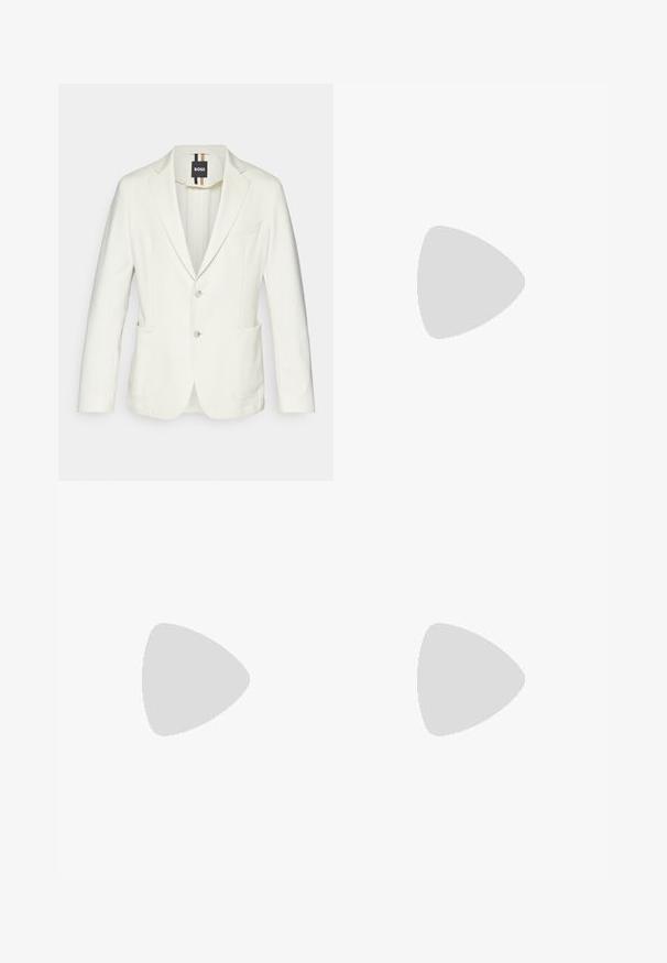 BOSS HANRY - Blazer jacket - open white; Black turtleneck sweater made of soft material, featuring long sleeves and a snug fit. Ribbed trim at the hem and cuffs. Simple design.; Light gray tailored trousers made of textured fabric, featuring a single back pocket and clean stitching.; Black leather lace-up shoe with a rounded toe, smooth texture, minimal stitching, and a low rubber heel. Logo on the heel.