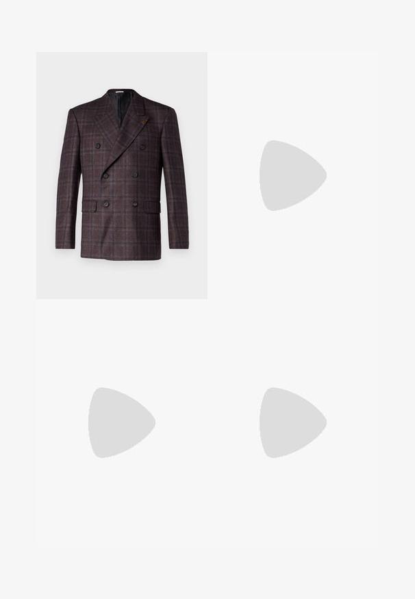 Double-breasted blazer in dark brown plaid fabric. Features two front pockets and black buttons. Lined interior with a notched lapel.; Black cotton T-shirt with a crew neck, short sleeves, and a white logo print on the left chest. Simple, solid color design.; White cotton wide-leg trousers with a high waist, featuring a button closure and turned-up hems. Smooth texture and classic design.; Black woven slip-on shoe with a smooth leather accent on the upper, a round toe design, and a low-profile rubber sole.