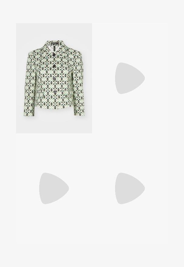 Patterned jacket featuring a geometric design in green and black. Fabric has a glossy finish, with a collar and button-front closure.; White cotton T-shirt featuring a printed illustration of two women in urban fashion styles with a dog on a crosswalk and city buildings.; Dark blue wide-leg jeans in denim fabric with a high waist, featuring orange stitching, five-pocket design, and a button closure.; White low-top sneaker with black heel tab, platform sole, laces, and Calvin Klein "CK" logo on the side.