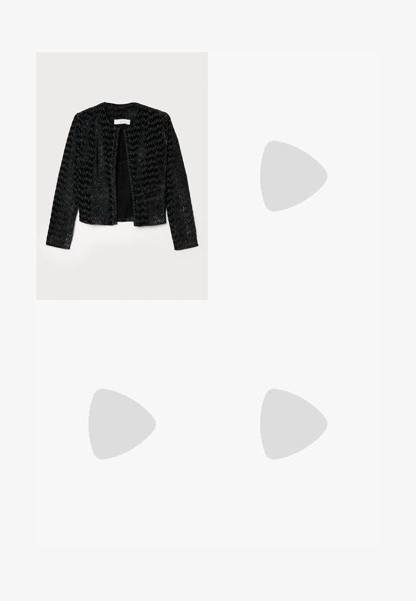 Black cropped jacket with a textured, zigzag pattern, featuring metallic threads for shimmer. No fastenings, round neckline, and long sleeves.; Dark gray cropped sweater with a high neck, made of textured knit material and featuring short sleeves and a straight bottom hem.; Light gray, wide-leg trousers made of textured fabric, featuring two front pleats and two side pockets. Clean, tailored design.; Blue and purple animal print maxi dress with thin straps, a fitted bodice, flared hem, and sheer overlay detailing.