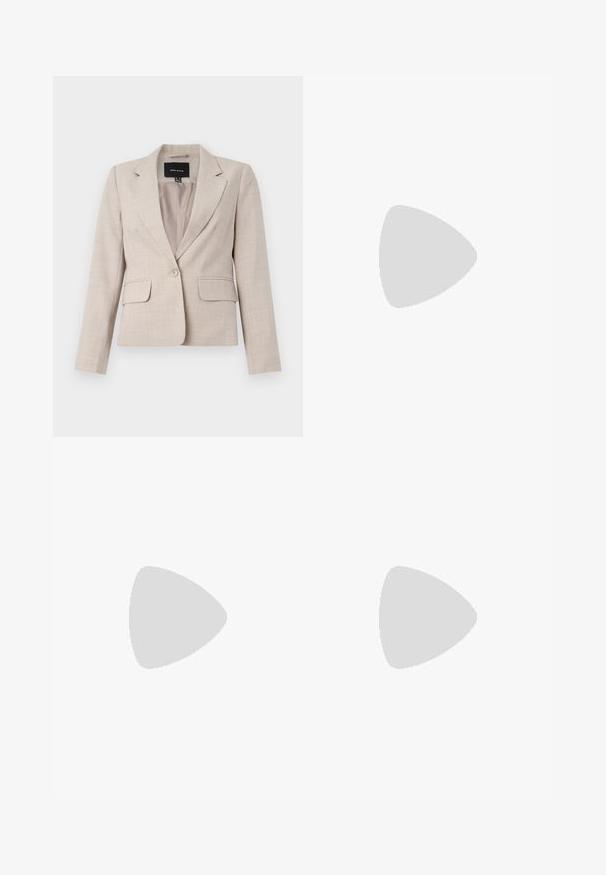 Bež, kohandatud bleiser ühe nupuga kinnitusega, kahe esiseibi ja tekstuuriga kangast viimistlusega. Vooderdatud sisemus.; Valge pikkade varrukate turtleneck-särk, mis on valmistatud siledast ja venivast kangast. Omab kõrget kraed ja keha lähedast lõiget, ilma nähtavate mustrite või kaunistusteta.; Heledad sinine laia jalaeest, valmistatud denimist, kõrge vöökohaga, viie tasku disainiga ja kerge tuhmumisega, mis annab kulunud välimuse.; Valged platvormsneakerid, mis on valmistatud siledast sünteetilisest materjalist, ovaalse toe, paelkinnise disaini ja tekstuurse kummitaldiga. Must kontsrihm.