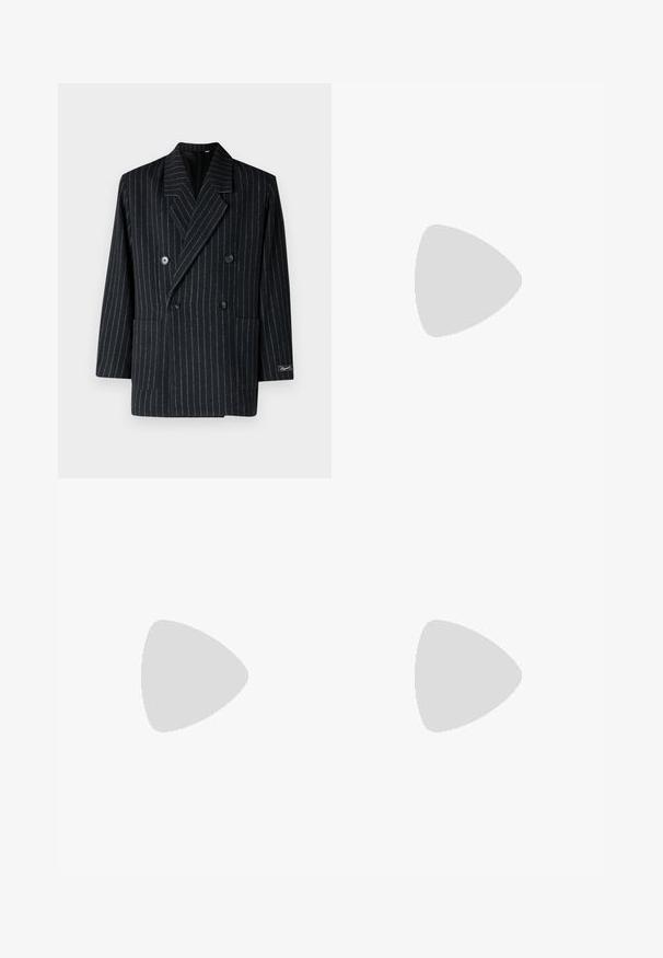 Double-breasted black pinstripe blazer featuring a notched collar, two front pockets, and large buttons with a textured finish.; Black cotton t-shirt with short sleeves, featuring a frontal graphic of a statue and the word "REPENT" in bold gray lettering.; Black denim shorts with a relaxed fit, featuring a classic five-pocket design and button closure, smooth texture, and straight leg cut.; Black running shoe featuring a mix of mesh and synthetic materials, chunky sole, curved design, and prominent branding on the side.