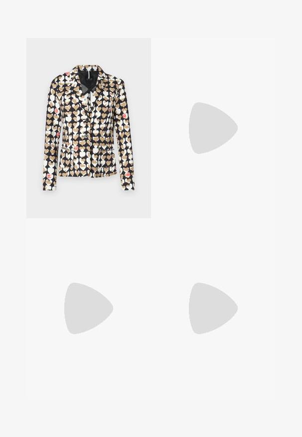 Blazer with a navy background featuring white, beige, and red heart patterns. It has a notched collar, single button, and front pockets.; White cropped T-shirt, short wide sleeves, soft cotton material, round neckline with subtle orange trim, minimal design, no patterns or graphics.; White cotton pants with a straight leg design, featuring a mid-rise waist and no visible hardware or patterns. Smooth texture throughout.; Light blue patent leather mule with a pointed toe, low transparent heel, and a sleek design featuring a cut-out at the vamp.