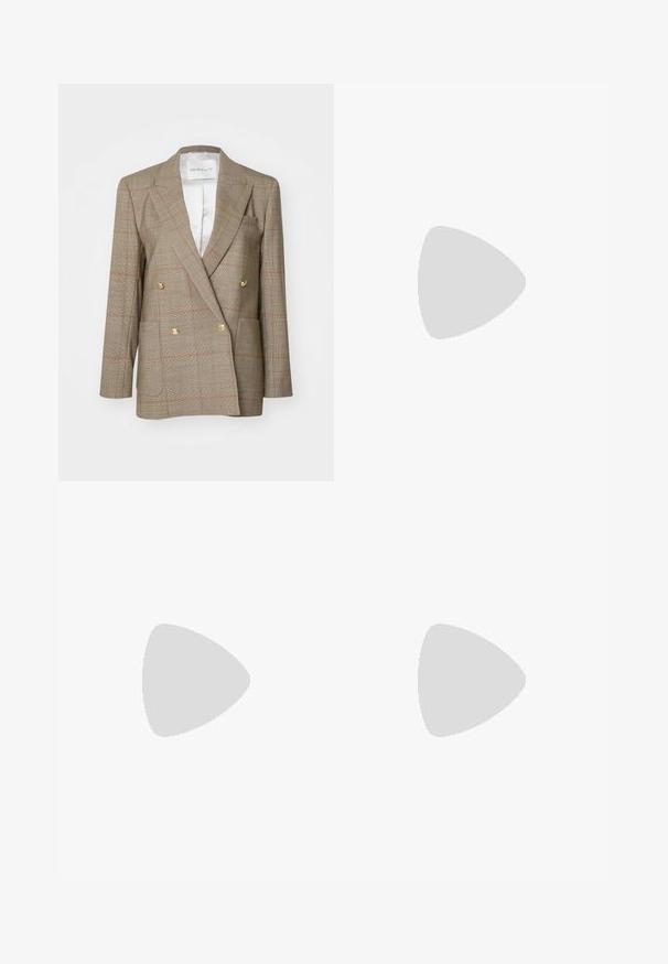 GANT CHECKED CLUB - Blazer - cumin beige; Langærmet top med leopardprint i brun og tan på et blødt stof. Høj halsudskæring og tætsiddende silhuet.; Sorte skræddersyede bukser med lige ben-design, der har en knaplukning og bæltestropper, lavet af glat stof.; Sort ankelstøvle med spids tå, lavet af glat læder og elastisk stof. Har en blokhæl og minimalistisk design.; Sorte ovale solbriller med mørke linser og blank plastramme. Har et guldlogo på stykket, hvilket giver et slankt og moderne design.; Blå mønstret håndtaske lavet af stof, med en buet form, sort læderrem og logodesign i en lysere skygge.