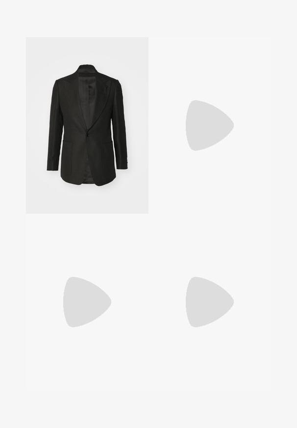 Black blazer with a textured fabric, single button closure, notch lapels, and two front pockets. Lined interior, tailored fit.; Tiger of Sweden PRO - Basic T-shirt - black; Navy blue trousers with a straight leg design, made from textured fabric. Features a front button closure and adjustable drawstring waist.; White sneakers with a textured leather finish, rounded toe, and black heel accent. Rubber sole with small tread pattern and stitched detail.
