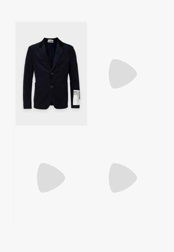 Navy corduroy blazer with a two-button front, notch lapels, two front pockets, and a branded label on the sleeve. Textured fabric.; Long-sleeved white cotton shirt with a round neckline, side slits at the bottom, and a smooth texture, displayed from the back.; Light blue denim jeans with a straight-leg design, five pockets, button closure, minimal fading, and contrasting stitching details.; White sneaker with a smooth leather upper and a low profile. Features a rounded toe, six eyelets, and a textured rubber sole.