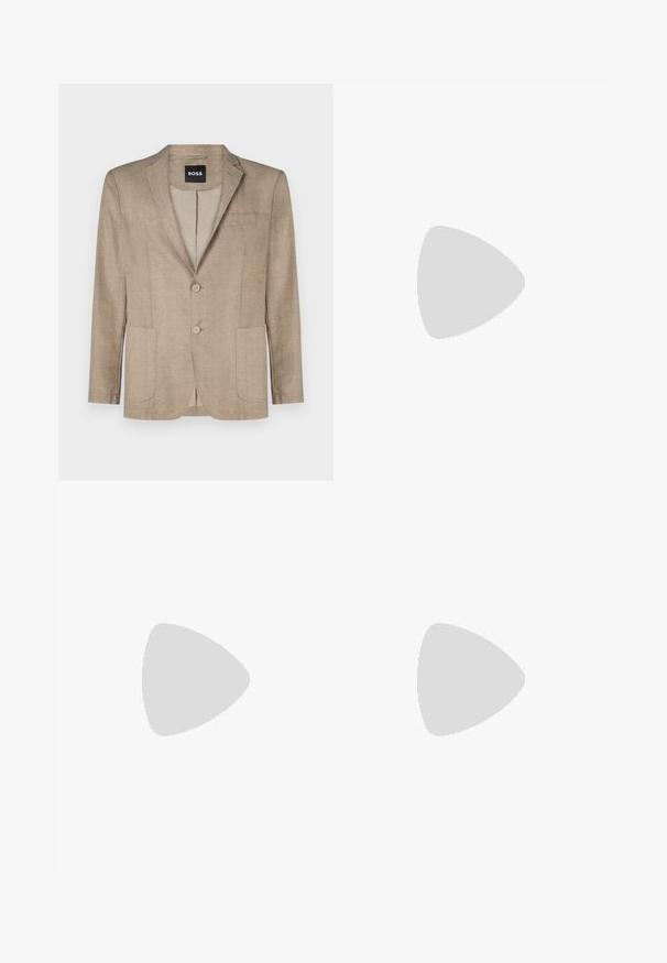 Beige blazer i texturerat tyg, med enkelknäppning, två framfickor och slagkrage. BOSS-märke inuti.; Två bomulls t-shirts i svart och vitt, med rundad halsringning och en liten logotyp på bröstet. Båda har korta ärmar och en rak passform.; Svarta sweatpants i mjukt material med elastisk midja, dragsko och smalnande ben. Har en liten logotyp på sidan.; Svart löparsko med en texturerad yta, ljusgrå detaljer och tre horisontella ränder i brunt. Har en vit stoppad sula.