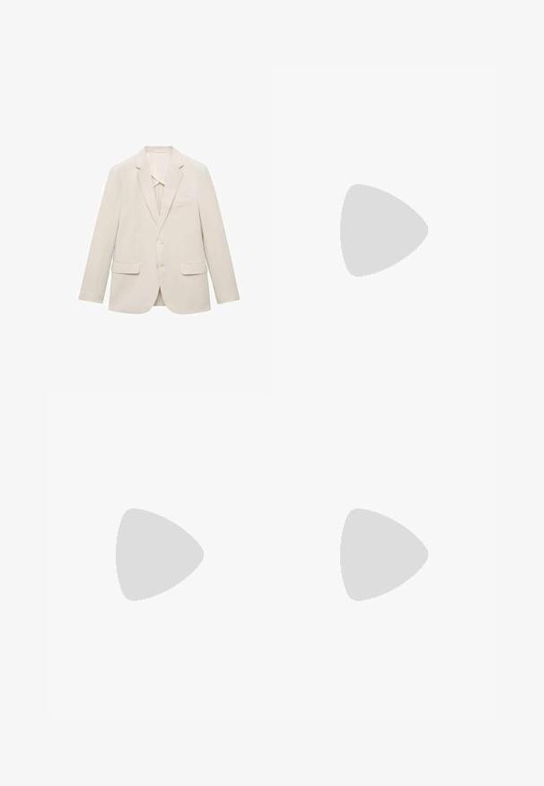 Light beige suit jacket made of smooth fabric, featuring a single-breasted design, notch lapels, and two front pockets.; Light blue long-sleeve button-up shirt with a classic collar, straight hem, and subtle texture. Features a central button closure.; Olive green linen trousers with a front pleat, featuring a button closure and a contrasting checkered lining at the waistband.; Black synthetic loafers with a prominent stitched front, cushioned insole, and flat rubber outsole; sleek design with minimal detailing.