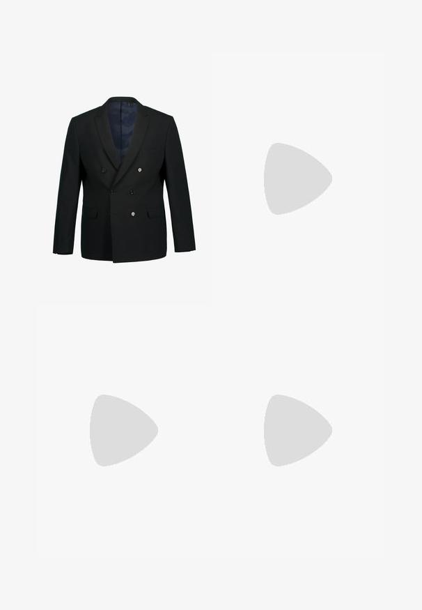 Černý dvouřadý blazer s špičatými klopami, dvěma předními kapsami, třemi knoflíky a modrou vzorovanou podšívkou.; Černá dlouhá košile s dlouhým rukávem vyrobená z hladké látky, s klopovým zapínáním na knoflíky, límečkem a decentně vyšitou nášivkou na prsou.; Černé džíny z denimu s rovnými nohavicemi, s knoflíkovým zapínáním, pěti kapsami a měděnými akcenty. Hladká textura.; Černá kožená kotníková bota s špičatou špičkou, elastickými bočními panely, vertikálním prošíváním a nízkým blokovým podpatkem.; Černé obdélníkové sluneční brýle s lesklým povrchem, tmavými skly a zlatými kovovými detaily na spáncích představujícími logo.