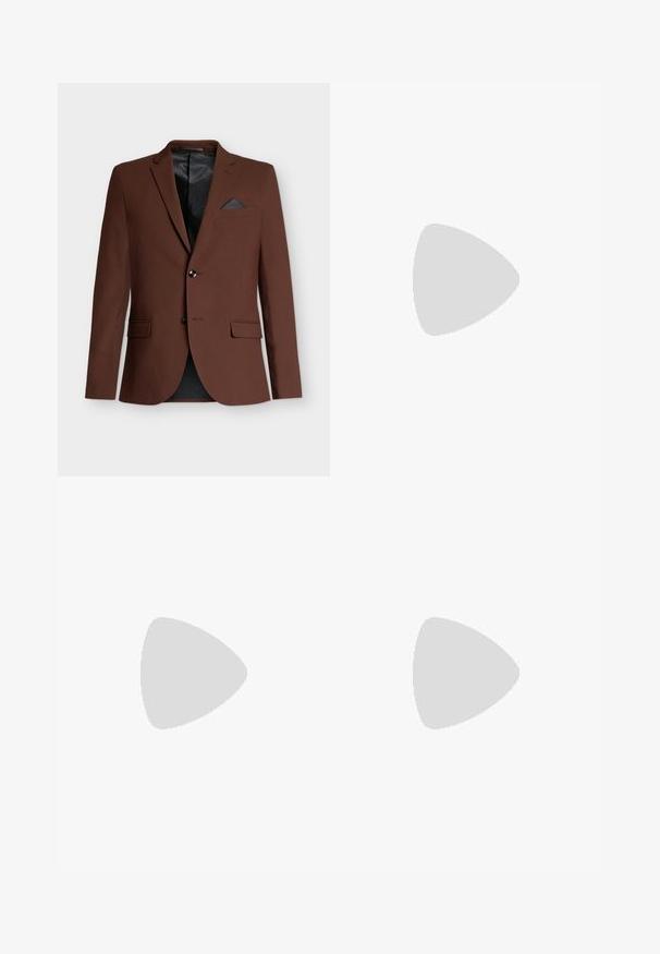 Brown blazer with a tailored fit, two front pockets, a single breast pocket with a dark accent, and a black mesh-lined interior.; Black turtleneck sweater in a soft knit fabric. Features long sleeves and a fitted design with a ribbed collar and hem. Minimal branding.; Black trousers with a tailored fit, featuring a smooth texture and straight leg design. The waistband has belt loops and a clean finish.; Black patent leather dress shoe with a rounded toe, lace-up design, and smooth, shiny surface. Features a low-profile rubber sole.
