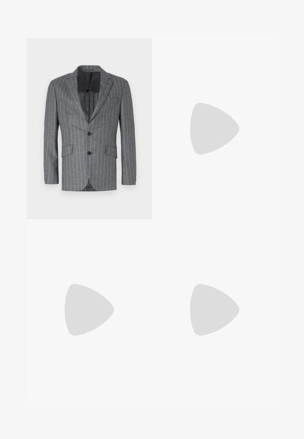 Gray pinstriped blazer with a single black button, two front pockets, and a black interior lining, featuring a notch lapel and tailored fit.; Long-sleeve polo shirt in cream, featuring a flat collar, three-button placket with gold-tone buttons, and a soft, textured fabric.; Black trousers with a straight leg design, made from a smooth fabric. Features a button closure and front pockets. No visible patterns or accents.; Calvin Klein Slip-ons - cocoa brown