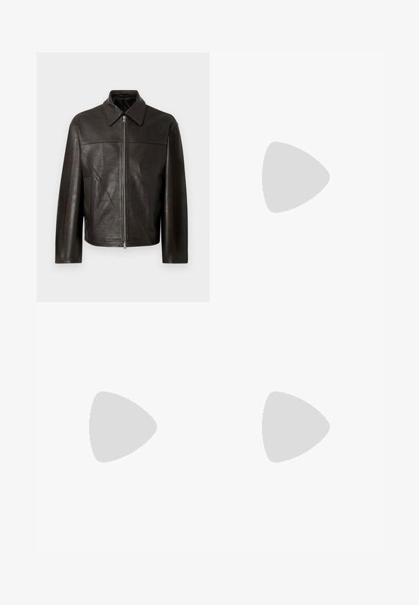 Brown leather jacket with a zip closure, point collar, straight cut, and two side pockets. Textured surface and subtle sheen.; Black short-sleeve T-shirt made of textured fabric, featuring a round neckline and a relaxed fit. Simple, no patterns or accents.; Black, elastic-waist trousers with a straight-leg design, featuring a smooth texture and no visible patterns or hardware.; Leather sneakers with a black and cream color scheme, featuring perforated accents, a padded collar, and a textured outsole.