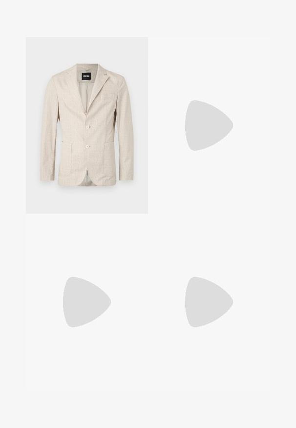 Light beige blazer featuring a textured fabric, notch lapels, two front pockets, and two buttons. Interior has a contrasting lining.; White cotton T-shirt featuring a round neck, short sleeves, and embroidered "Calvin Klein" logo at the chest center. Plain design.; Beige trousers made of smooth fabric, featuring a straight fit, single pleat, and rolled cuffs. Includes a front button closure.; White sneaker with a mesh and synthetic upper, round toe, flat laces, and a textured side stripe. Rubber sole with a pull tab at the back.